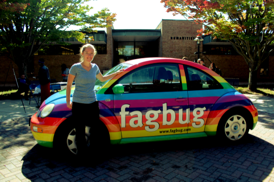 Director and activist Erin Davies with her famous beetle,
 Fagbug.