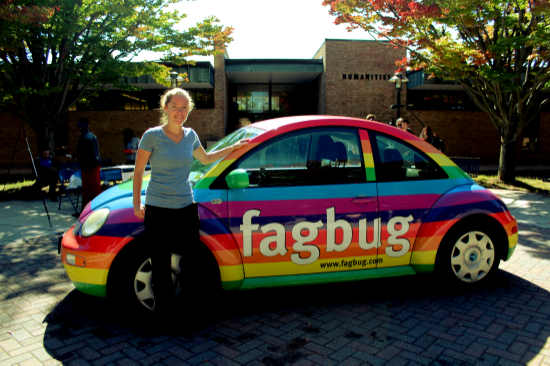 Director and activist Erin Davies with her famous beetle,
 'Fagbug'.