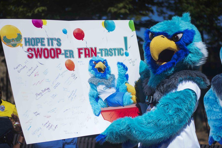 Swoop was the most popular entry in a campuswide contest in which students chose the Riverhawks’ mascot’s name. 