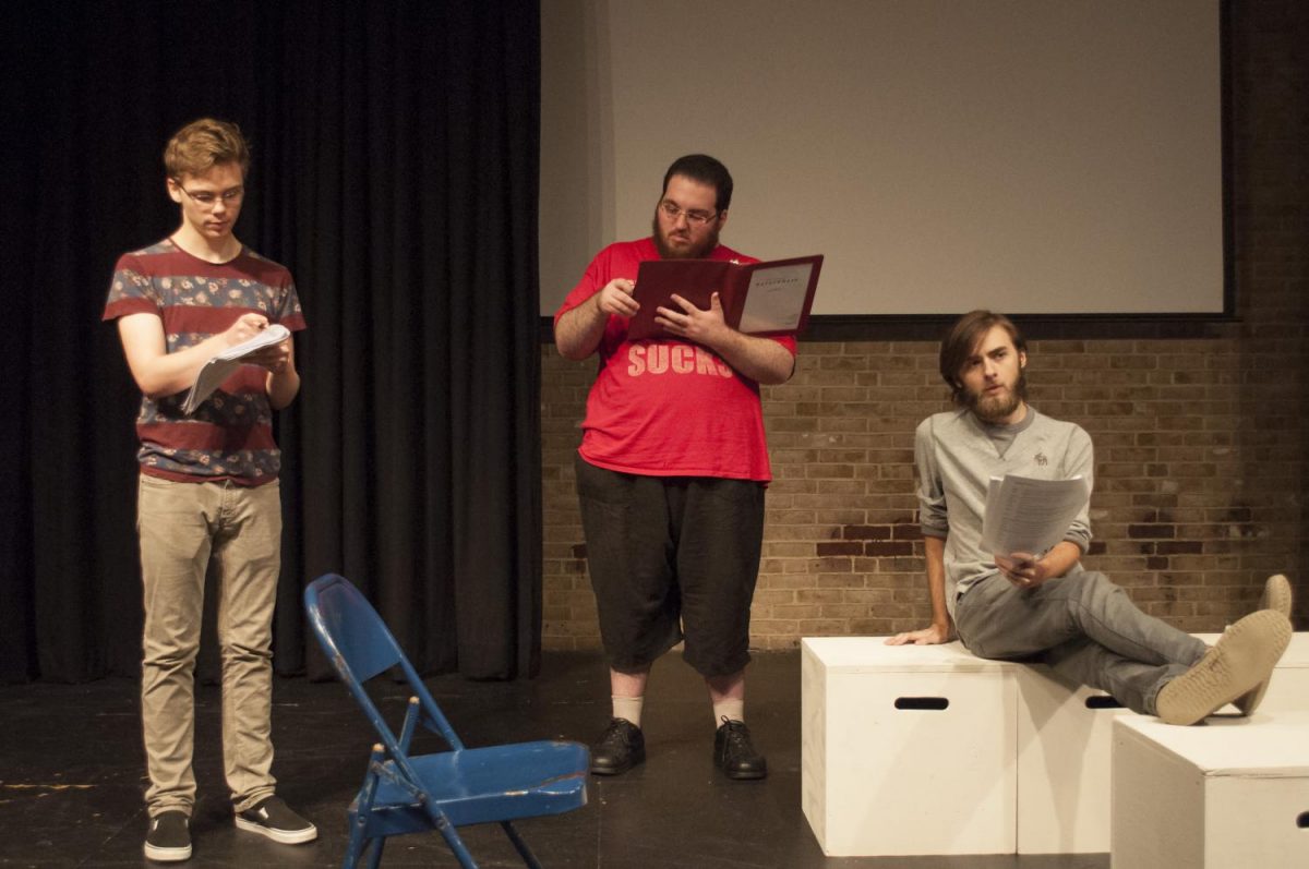 Student actors Grant Scherin (left), Jonas Pallaro- Somneborn and Alec Moyes are rehearsing for the upcoming play “Neverwhere” opening on Nov. 3. 