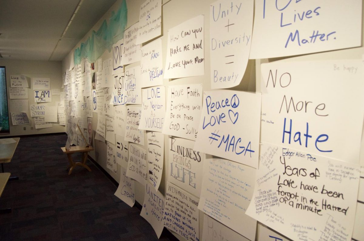 Posters containing student opinions cover the walls of Pascal Gallery.