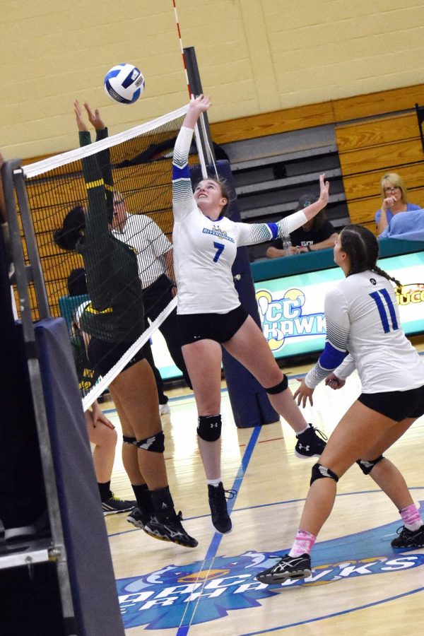 First-year criminal justice major Sarah Jackson makes an out-of-bounds save as the Riverhawks libero. Her team only won one game this season.