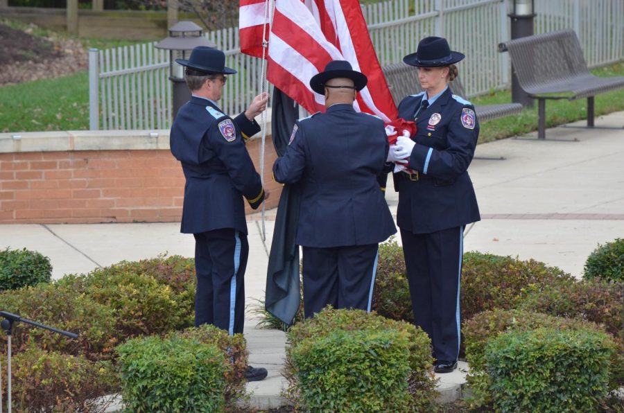 AACC%E2%80%99s+Color+Guard+raises+the+U.S.+flag+during+a+Veterans+Day+ceremony%2C+held+on+Nov.+9.+