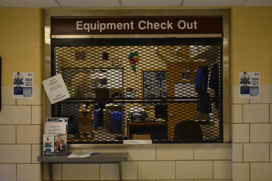 The equipment check-out room, also known as “the Cage,” is in the gymnasium building at AACC.
Photo by Cameron Terrelonge