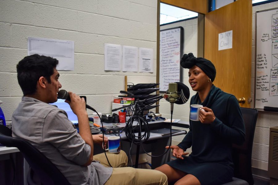 Campus Current digital editor Daniel Salomon interviews student trustee Nyia Curtis for the new podcast, “Riverhawk Report.”
Photo by Sarah Noble