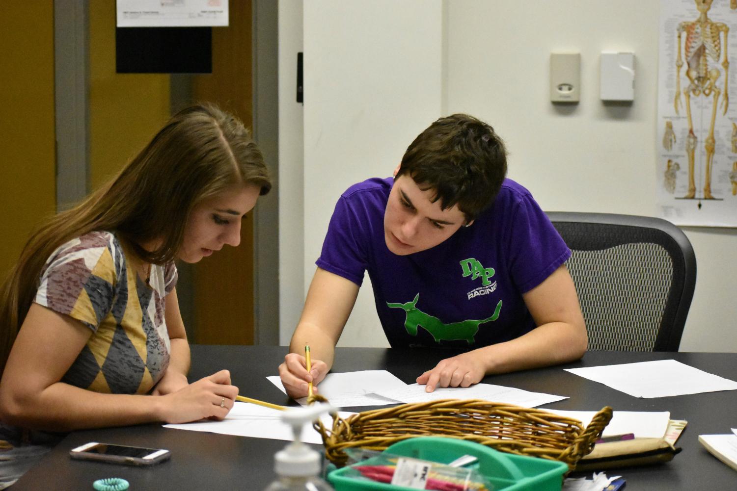 Second-year students Jessica Strauss (left) and Hannah Peterson work on their math homework in a study group.