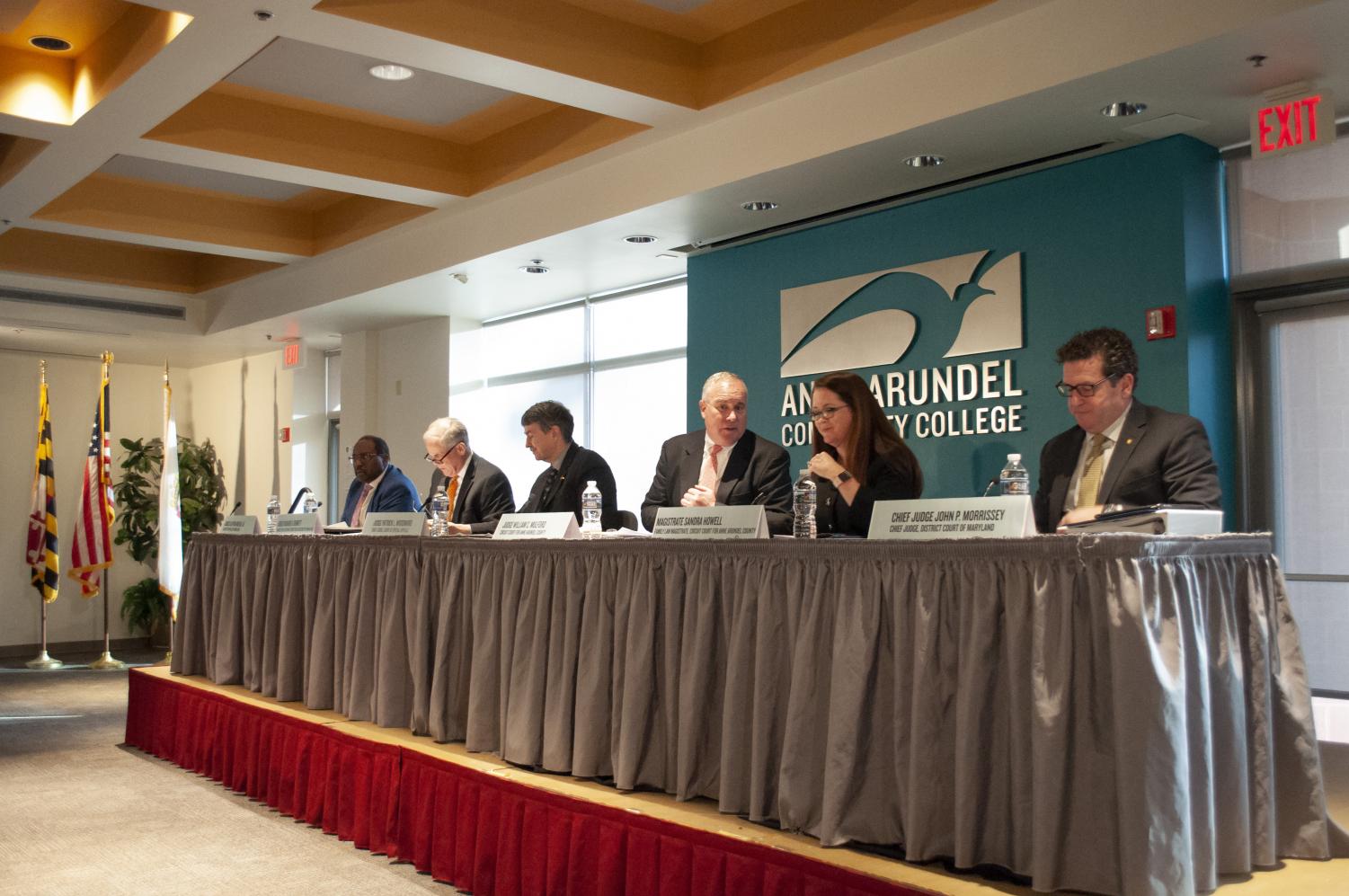 A panel of judges from each of Maryland’s state courts and one federal judge speak about free speech at AACC’s Legal Studies Institute’s annual Forum on the Judiciary.
Panelists, from left to right: Maryland Court of Appeals Judge Clayton Greene Jr.;
Judge Richard Bennet of the U.S. District Court for Maryland; Chief Judge Patrick Woodward of the Maryland Court of Special Appeals; Maryland Circuit Judge William Mulford; Family Law Magistrate Sandra Howell of the Circuit Court for Anne Arundel County; Chief Judge John Morrissey of the District Court of Maryland