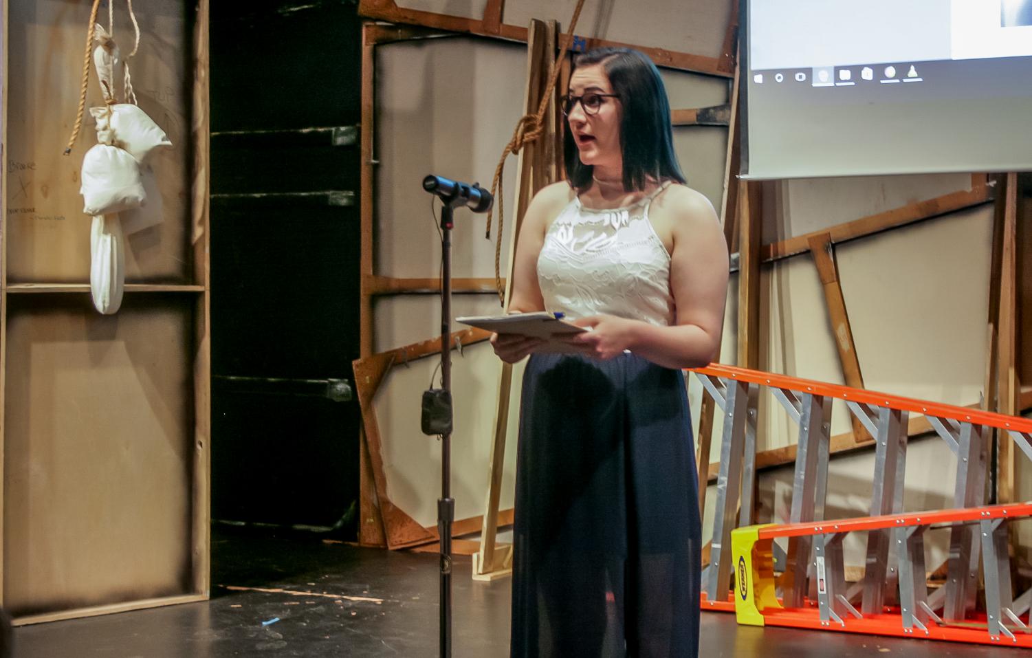 Ren Bishop, Amaranth’s editor-in-chief, speaks at the magazine’s release party on April 25.