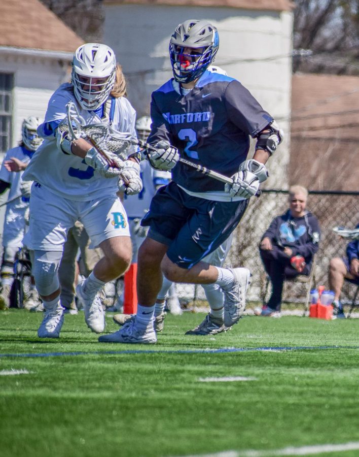 AACC defender Justin Walsh defends against a Harford Community College player.