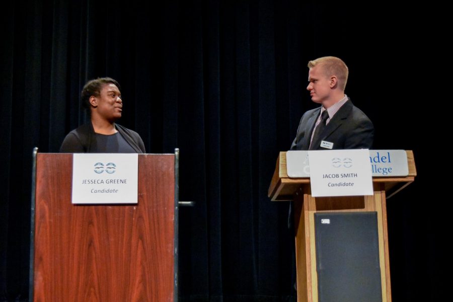 Third-year visual design student Jesseca Greene debates first-year business student Jacob Smith about their Student Government Association presidential platforms. Vote on The Nest April 30 to May 4.