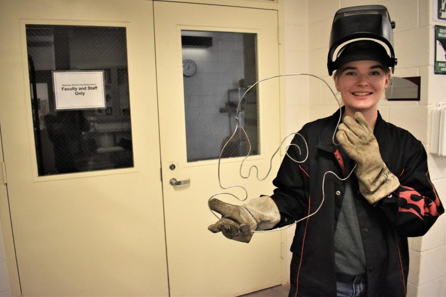 Second-year+student+Bethany+Probst+is+taking+a+welding+class.