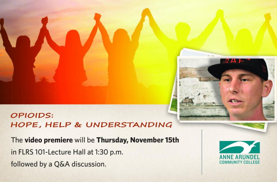 The promotional banner for a new drug abuse awareness video features recovering addicts at AACC.