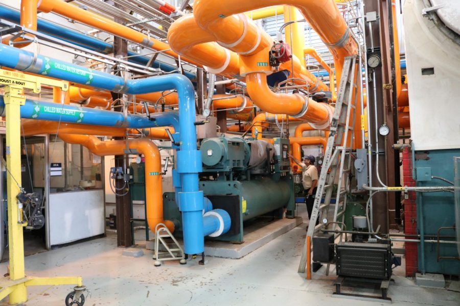 The campus maintenance crew helps control the heating and cooling of the water at the college.