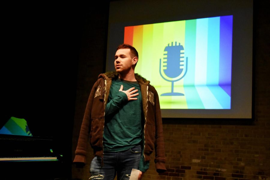 Gay-Straight Alliance President Garrett Hutchinson performs at last year’s joint GSA/Amaranth poetry event.