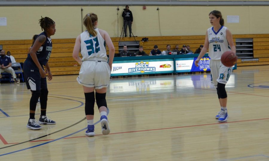 Hannah Lieb, with the ball, who plays guard and Lacey Hinkle, who plays forward, are playing at the nationals.