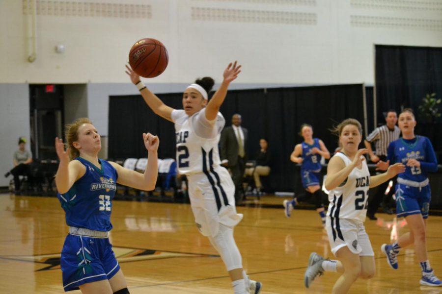 Riverhawks forward Lacey Hinkle goes for the ball in the team's final game at nationals.