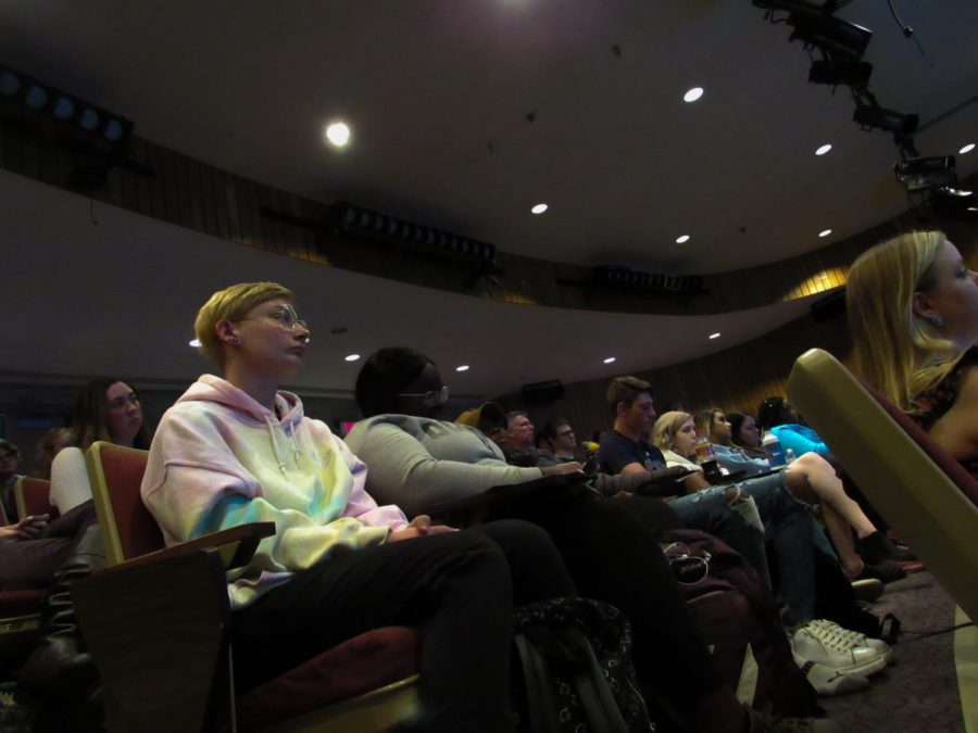 The auditorium was almost packed full with students and attendees for the Soapbox Sisters event.