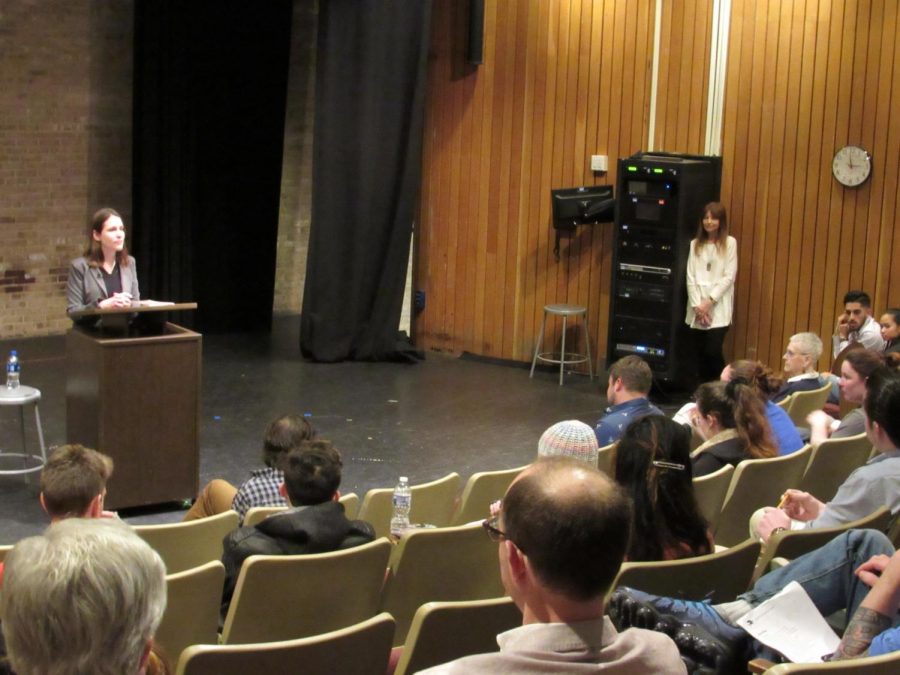 Poet Tyler Mills speaks at yesterdays Writers Reading event, which highlighted her work on nuclear devastation. 