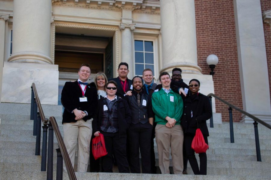 AACC President Dawn Lindsay poses with Director of Student Engagement Leon Thom-as and seven students at this year’s Student Advocacy Day. At the event, students spoke to Maryland legislators.