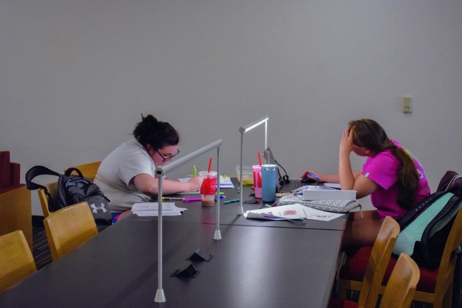 Summer Brooks, a second-year radiology student (left), and Alexis Weisgerber, a second-year physical therapy student, study to relieve the stress of final exams.