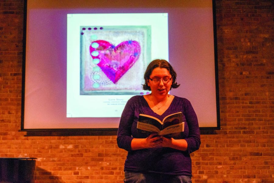 Rachel Green, a third-year creative writing student, reads from work she submitted to the 44th annual edition of AACC’s literary journal, “Amaranth,” at the release party on April 24.