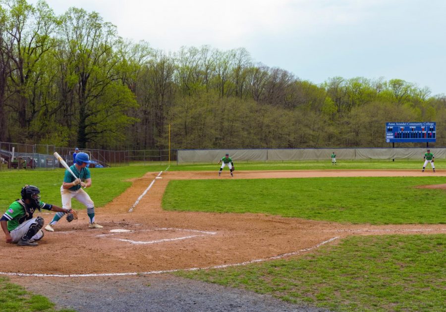 Second-year center fielder Noah Rafsky hits in the game against Chesapeake College.