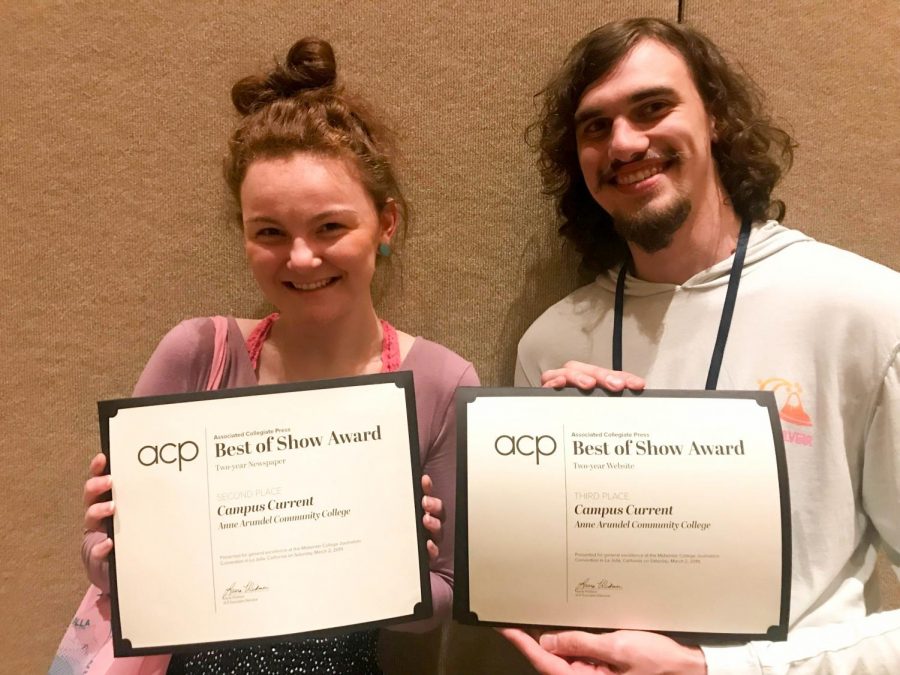 Editor-in-Chief Alexandra Radovic and Multimedia Editor Daniel Nickerson display the awards Campus Current won for the student newspaper and website.