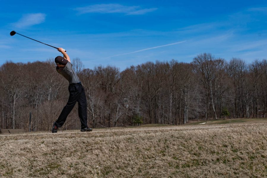 First-year golfer Alex Colonna practices with AACC Men’s Golf, which former Chesa-peake High School varsity coach Kevin Lyons will lead this season. All but one player this season is new to the team. 