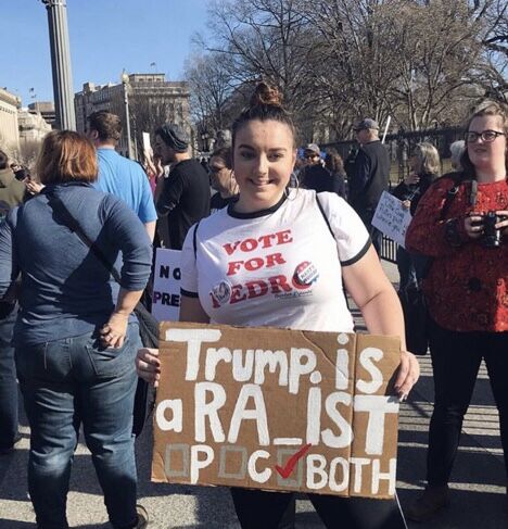 First-year transfer studies student Ruth Stimely says she considers herself an activist. Above, she attends a rally protesting President Donald Trump.
