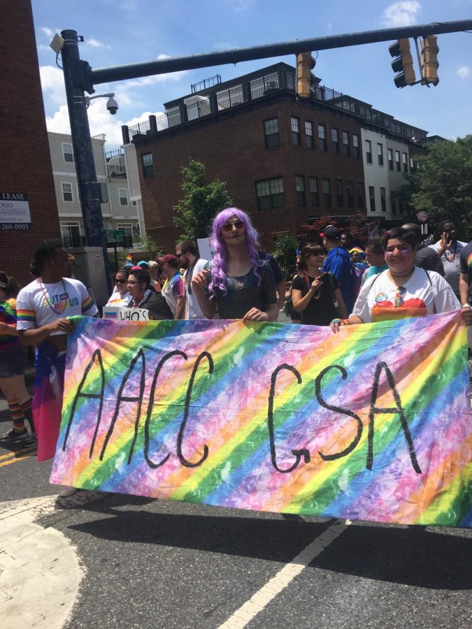 AACC students and faculty march in Annapolis´s first Pride Parade, displaying a rainbow banner to support the LGBTQ community, with the GSA club in the head.