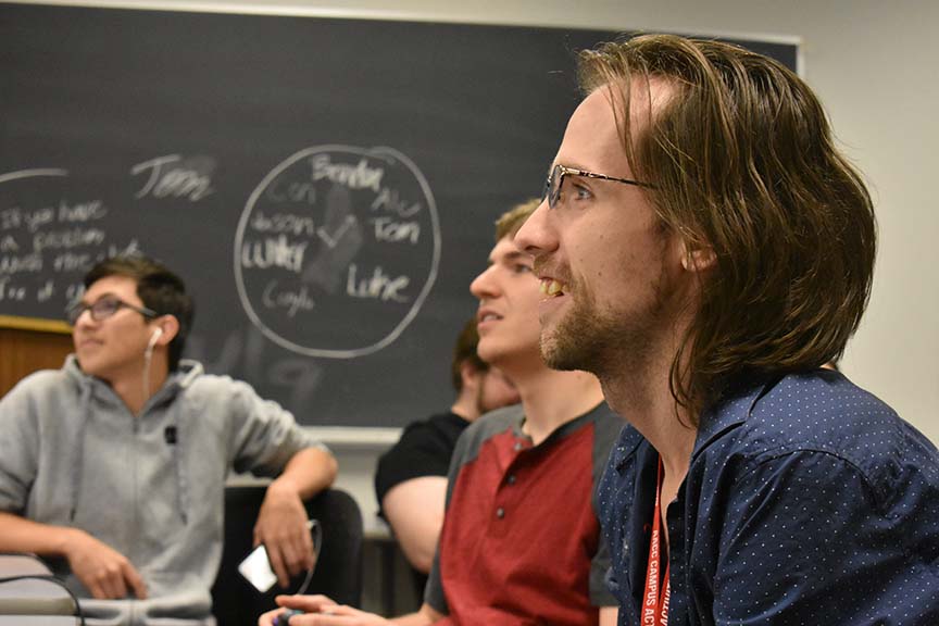 Members of the campus ESports Club say they're hoping AACC will make esports an official Athletics Department  program. Pictured, left to right: club members Brandon Gebhardt, Alex Kimble and Conway Johnson.