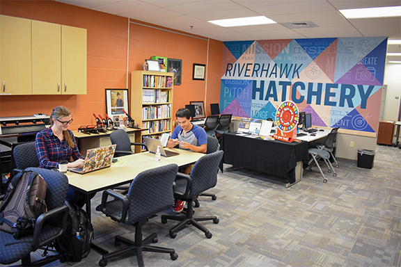 The Hatchery, a resource for students looking to start their own businesses, celebrates its 10th anniversary. Pictured: third-year psychology and entrepreneurial student Elizabethe Overton (left) and second-year business student Daniel Levy.