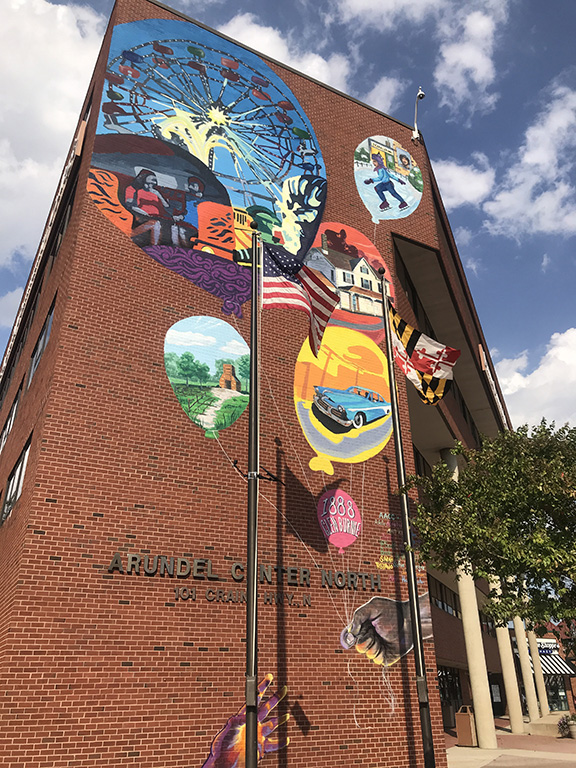 A mural on the campus building at Glen Burnie Town Center is the work of AACC art students.