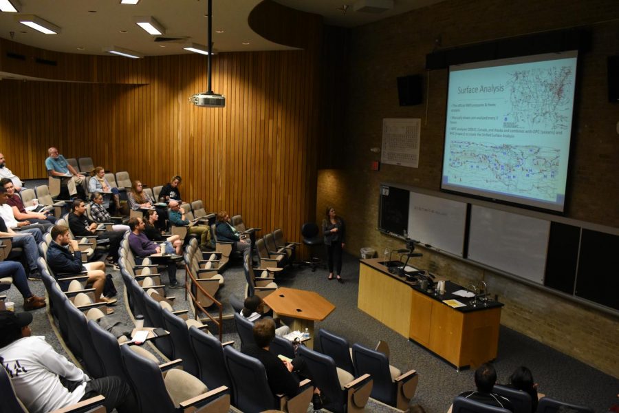 Allison Santorelli speaks to students about careers in meteorology and weather forecasting.