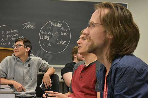 Members of the campus ESports Club say they're hoping AACC will make esports an official Athletics Department program. Pictured, left to right: club members Brandon Gebhardt, Alex Kimble and Conway Johnson.