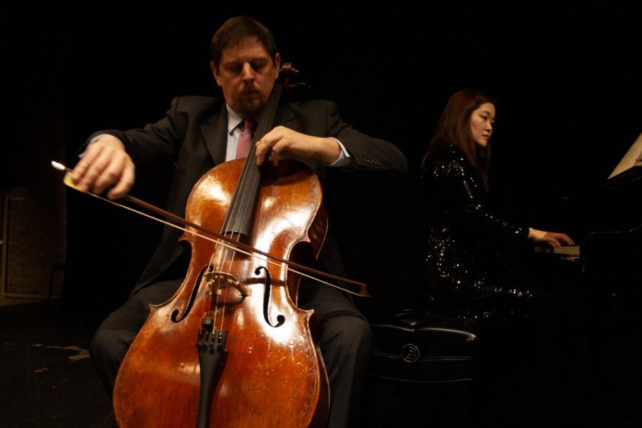 Cello professor Daniel Shomper (left) performs a three sonata recital with Dr. Woobin Park (right).