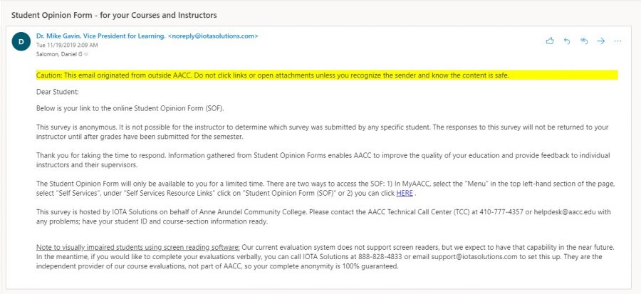AACC adds bright yellow warning labels on emails originating from outside of the college.