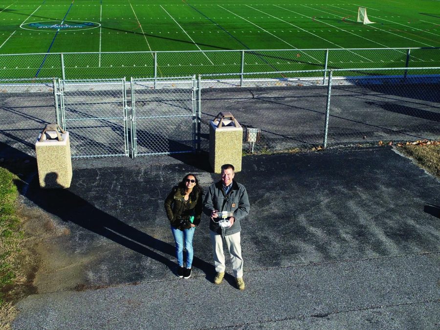 Drone i mage of Amber Nathan and Tim Tumelty taken near AACCs sports fields
