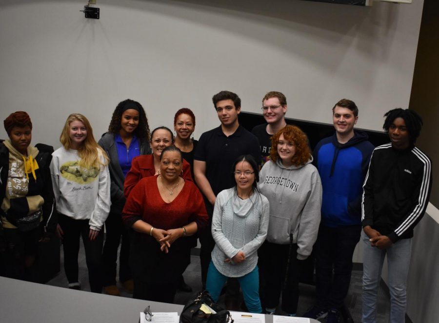 Producer of 'Dancing Through The Flames' Beverly Lindsay-Johnson stands with AACC students. 