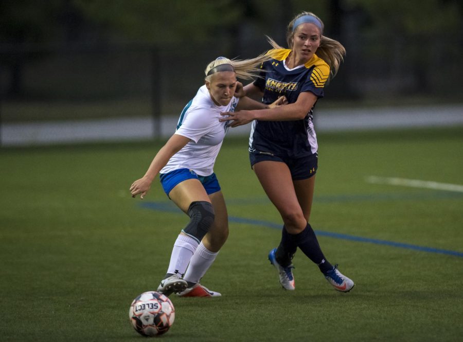 AACC Womens Soccer defender Morgan Duly, left, last fall, says she understands that canceling fall sports will keep college athletes safe. 