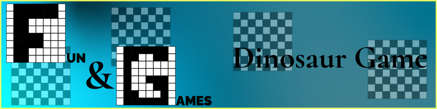 Pixel monogrammed logo for the fun and games section on the left, and the page title of Dinosaur Game on the right, each with faded checkerboards behind them.