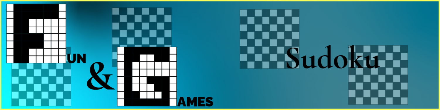 Pixel monogrammed logo for the fun and games section on the left, and the page title of Sudoku on the right, each with faded checkerboards behind them.