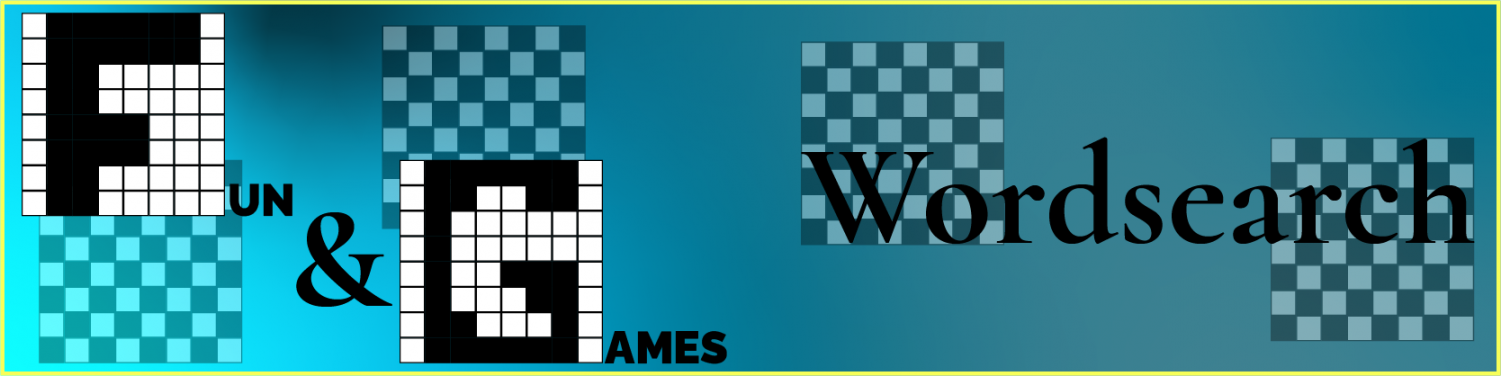 Pixel monogrammed logo for the fun and games section on the left, and the page title of Wordsearch on the right, each with faded checkerboards behind them.