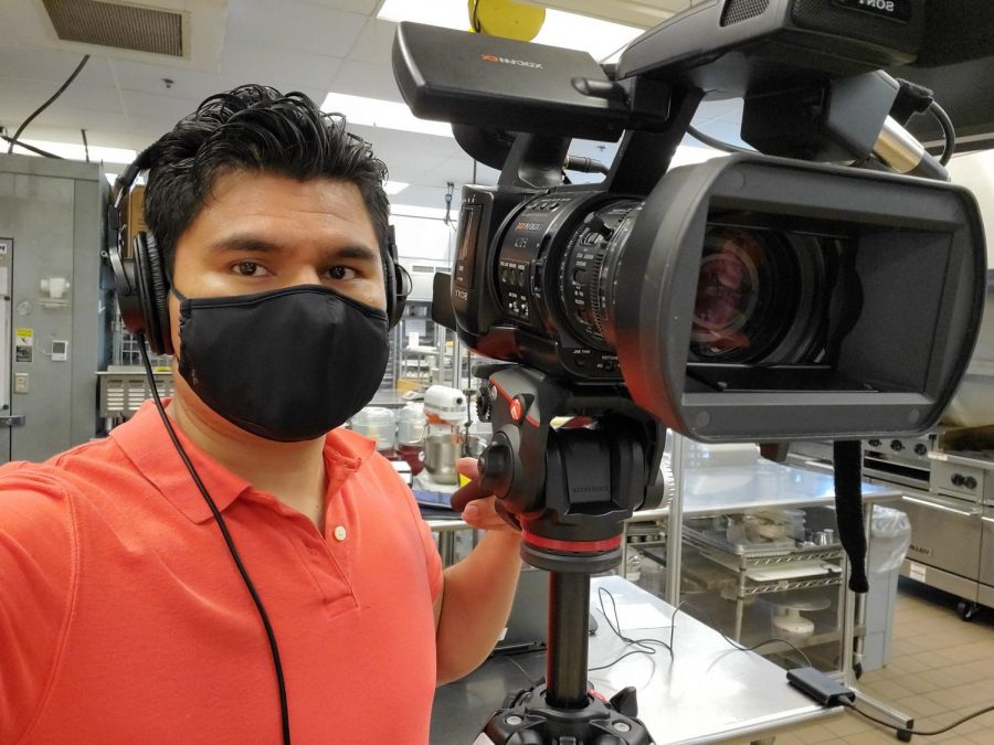 Arnold Fuentes, digital media developer for the virtual campus, films cooking demonstrations and Zoom meetings for AACC’s Hotel, Culinary Arts and Tourism Institute.