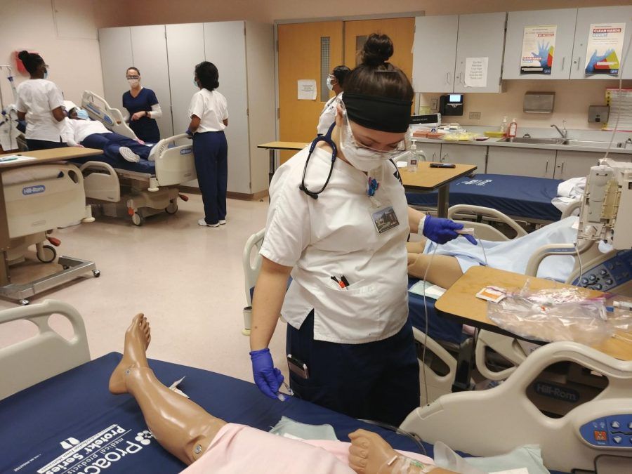 Nursing student Natasha Seeger practices her skills  pre-pandemic in the Florestano building. The nursing program will expand by 54% once it moves into the new Health and Live Sciences building.