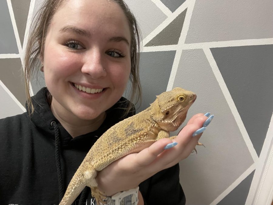 Student Savannah Mulvey, who attends both high school and AACC this semester, holds her adopted lizard, Spike. Like others, she says she finds comfort in having a new pet during the pandemic.