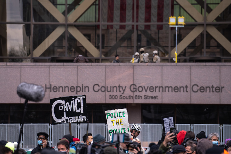 Protestors gather outside the Hennepin County Government Center, where former police officer Derek Chauvin was convicted of killing George Floyd this week. AACC legal studies professors explained the legal aspects of the trial to students during a virtual meeting on Wednesday.