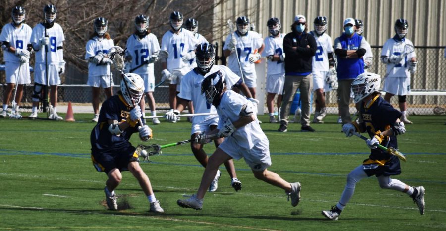 Men's Lacrosse, Baseball and Softball played their first games in a year in March. Shown, the Riverhawks face off against Community College of Baltimore County Essex.