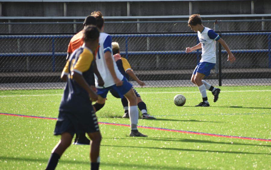 Riverhawks midfielder Jack Castle advances the ball up the field against Community College of Baltimore County during a home game last week. The game was the first on the new turf on the field at Siegert Stadium.