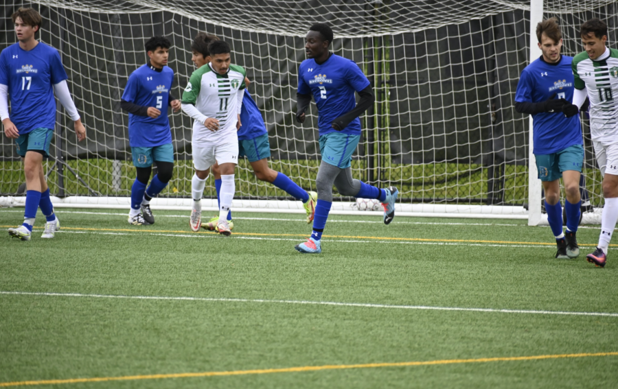 The+Riverhawks+mens+soccer+team+finished+first+in+its+region+this+season.+Shown%2C+No.+2+Charles+Warari%2C+center%2C+plays+forward+on+the+team.